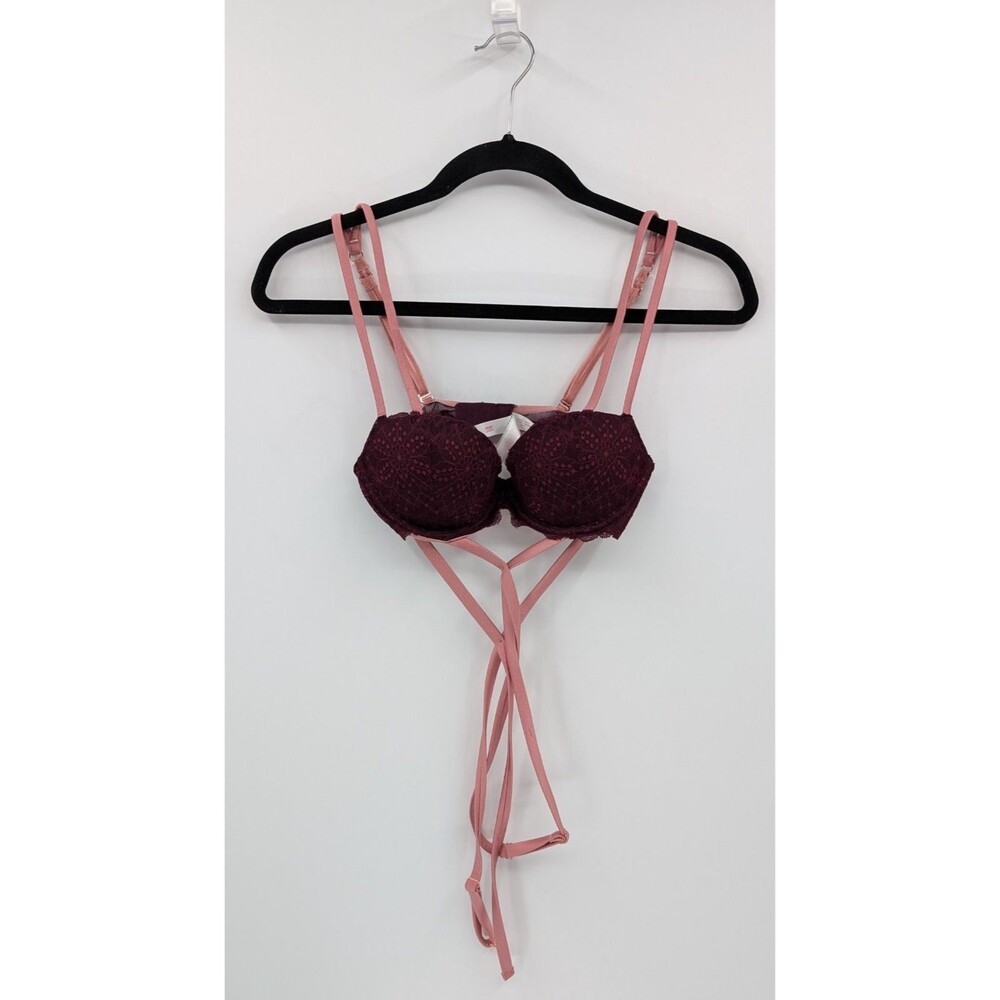Victoria's Secret PINK Bra 32B Maroon Red Date Push Up Strappy Wrap Around